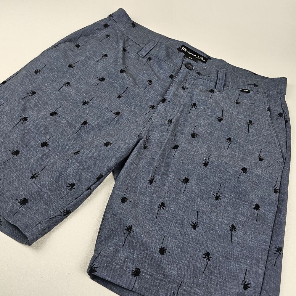 TravisMathew Golf Shorts Mens 34 Blue Gray Palm Tree Print Stretch Casual